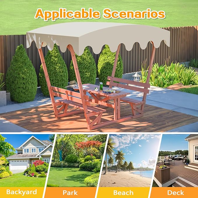 Outdoor Waterproof Solid Wood Picnic Table with Removable Canopy & Benches, Rectangle Tabletop, All-Weather for Patios, Gardens, Decks, Parks, Beaches