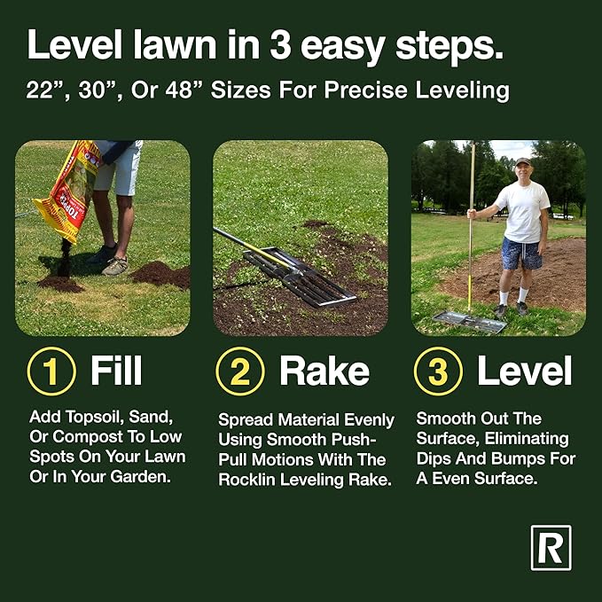 Rocklin™ Lawn Leveling Rake | Levelawn Tool | Level Soil or Dirt Ground Surfaces Easily | 30” x 10” Ground Plate | 78” Extra Long Handle | Stainless Steel
