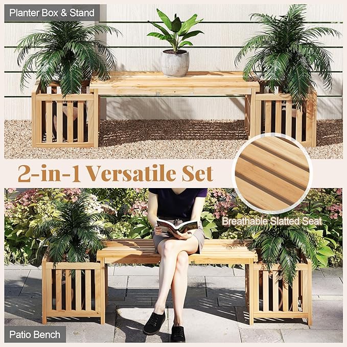 Giantex 2-in-1 Outdoor Bench with 2 Raised Garden Beds, Planter Boxes with Open-Ended Base, Garden Bench Seat for Porch Balcony Lawn Yard, DIY Assembly, Natural