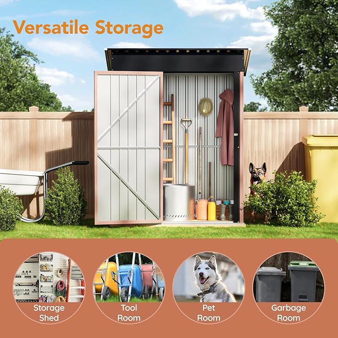 5X3X6.1 FT Garden Storage Shed with Frame Floor,Steel Tool Shed with Lockable Door, Anti-Corrosion Metal Shed for Backyard Patio Lawn (Light Wood Grain)