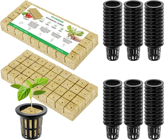 VIVOSUN 72 Rockwool Cubes & Net Pots Set for Hydroponics, 1.2” x 1.2” x 1.6” Cubes, 72 Plugs & 72 2” Net Cups for Hydroponic Growing, Seed-Starting, Cloning, Tower Gardens