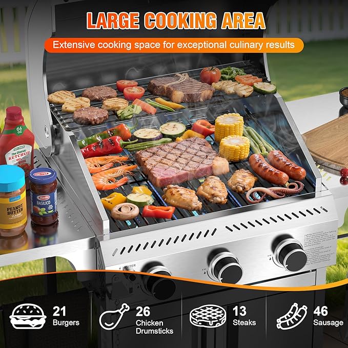 G31 Grill,3-Burner Gas Grill with Folding Shelf,Stainless Steel 24,000 BTU Propane Gas Grill,Outdoor BBQ Grill for Barbecue,Patio,Camping