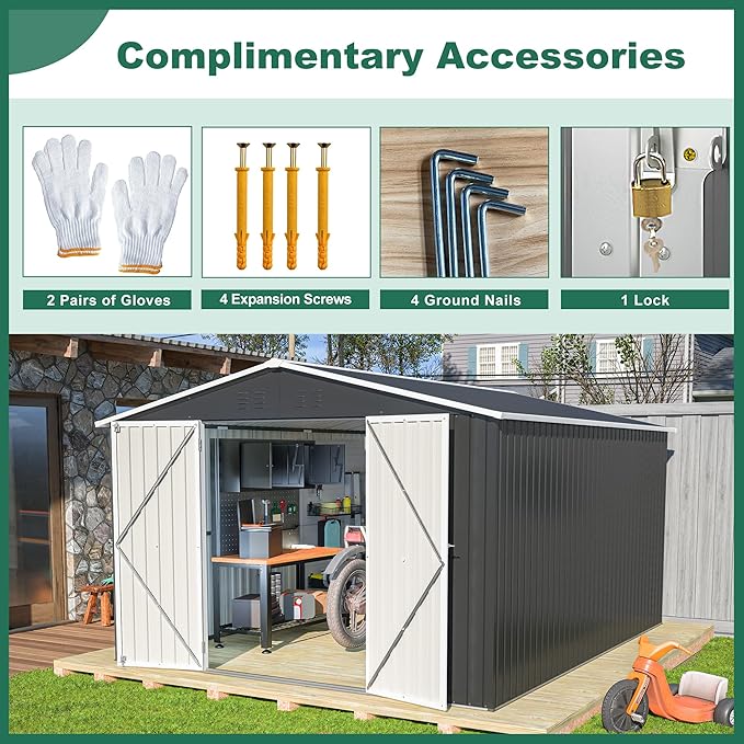 Outdoor Storage Shed, 10x12 FT Galvanized Steel Metal Shed, Lockable Waterproof Tool Storage Sheds for Garden, Patio, Lawn – Durable Storage Solution in Multiple Sizes