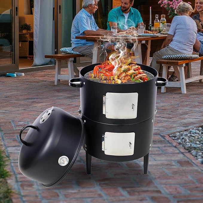 17 inch Vertical Charcoal Smoker, BBQ Grill, Fire Pit, 3-in-1 with Built-in Thermometer, Adjustable Air Vent, Idea for Parties, Backyard, Patio, Camping