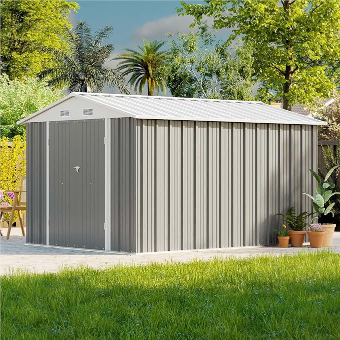 Patiowell 8x10 FT Outdoor Storage Shed with Floor Frame, Large Garden Tool Metal Shed with Sloping Roof and Double Lockable Door, Outdoor Shed for Backyard Garden Patio Lawn,Grey