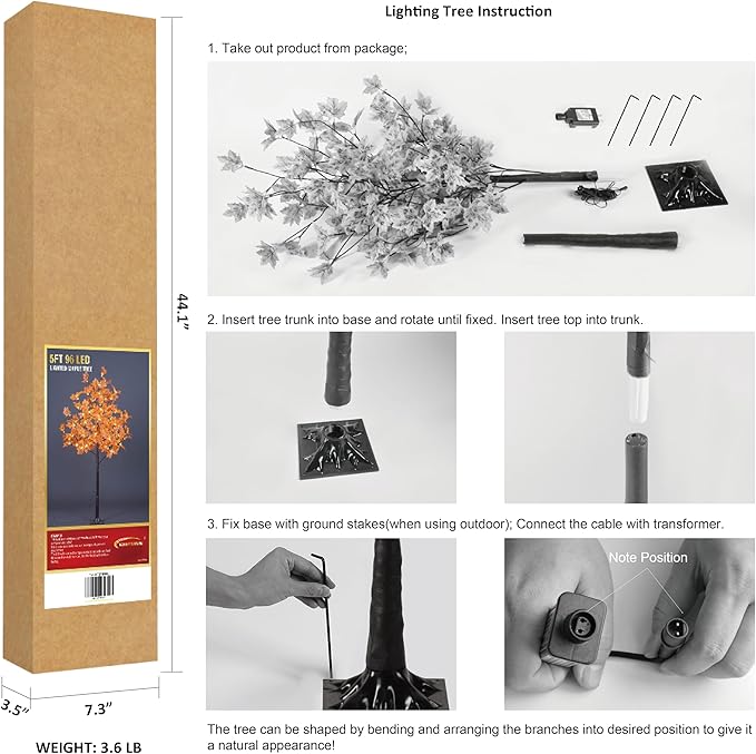 LIGHTSHARE 5FT 96LED Artificial Lighted Maple Tree Warm White Halloween Fall Decorations Indoor Ourdoor, Orange