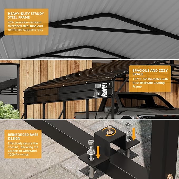 20' x 20' Heavy Duty Metal Carport with Galvanized Steel Roof, Tall MetalCarport Kits Garage for Tractors, Trucks, Boats, Cars, Heavy Duty Metal Roof Carport with Enhanced Base