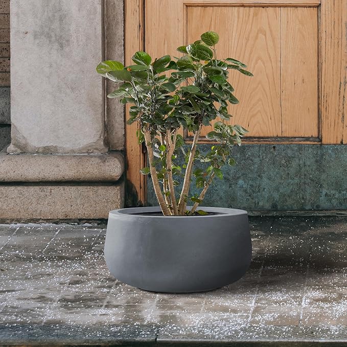 Kante 11.8" Dia Round Concrete Planter, Cement Plant Pots with Drainage Hole and Rubber Plug for Outdoor Indoor Garden Home, Modern Curvaceous Design, Dark Gray