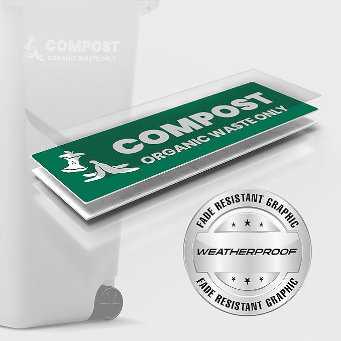 Compost Sticker - Organic Waste Only Bin Label - 3-5 Year Indoor/Outdoor Rated - Heavy Duty, Weather Proof, Ultra Durable - USA Made (6x2 inch), 4 Labels