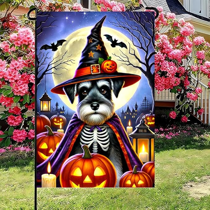 Halloween Pumpkin Witch Skeleton Dog Garden Flag 12x18 Inch Double Sided Autumn Yard Flag