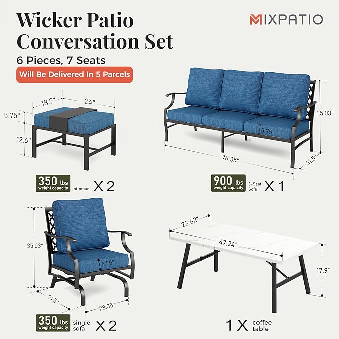 Patio Furniture Set 6 pcs, Outdoor Patio Furniture, 3-Seat Sofa, 2 Rocking Chairs, 2 Ottomans, Coffee Table and 5.75" Extra Thick Cushion, Conversation Set for Backyard Deck, Gemstone Blue