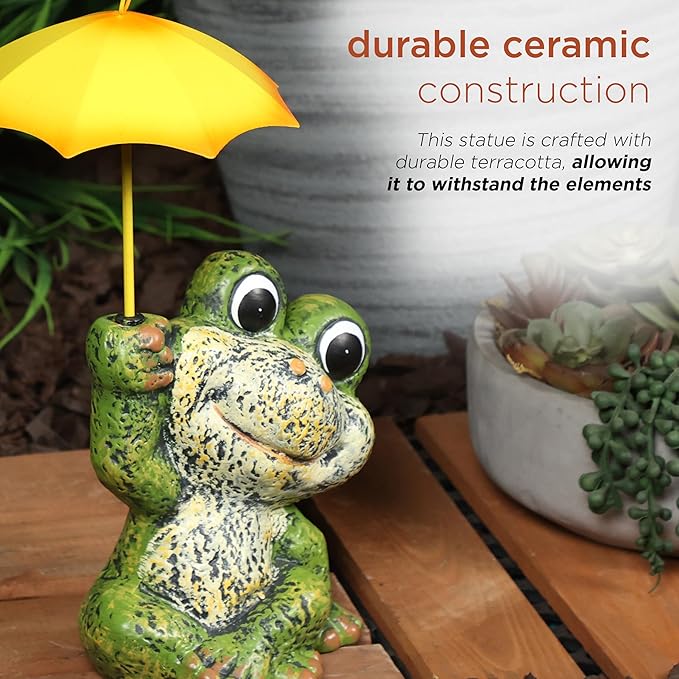 Alpine Corporation QWR1010HH 12" Tall Garden Frog Statue - Sitting Jolly Frog with Yellow Umbrella Decoration – Ceramic Yard & Patio Decor – Durable Lawn Sculpture