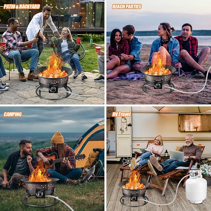 Outdoor Portable Propane Fire Pit, 19-Inch,60,000 BTU with Cover&Carry Handle,Fireplace,Gas Firebowl Smokeless,Portable Fire Pit for Outside Patio, Backyard, Camping,RV,Deck,Tailgating