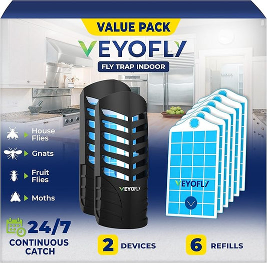 VEYOFLY Fruit Fly Traps for Indoors, Fly Trap Indoor, (2 Device + 6 Refills) Fly Catcher Indoor, Gnat Traps for House Indoor, Fly Trap, Plug in Light Flying Insect Trap, Bug Killer