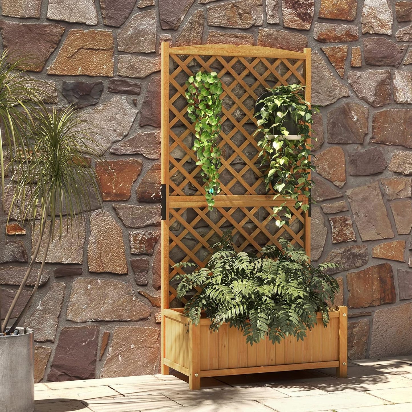 HAPPYGRILL Raised Garden Bed with Trellis, 71" Planter Raised Bed with Drainage Holes, Freestanding Garden Planter for Vine Climbing Plants, Wooden Planter Box for Yard Balcony(1, Yellow)