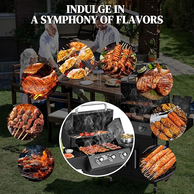 Bonnlo 3 Burner Propane Grills with Side Burner and Porcelain-Enameled Grates, 46000BTU Gas Grill with Side Shelf and Portable Rolling Wheels, Grill for Outdoor Cooking BBQ Patio Backyard