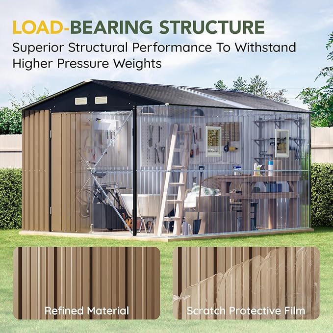 Breezz Outdoor Storage Shed 10 x 12ft. Utility Tool Shed Metal Storage Garden Shed with Lockable Doors, Windows & Metal Frame Floor for Patio Storage,Brown