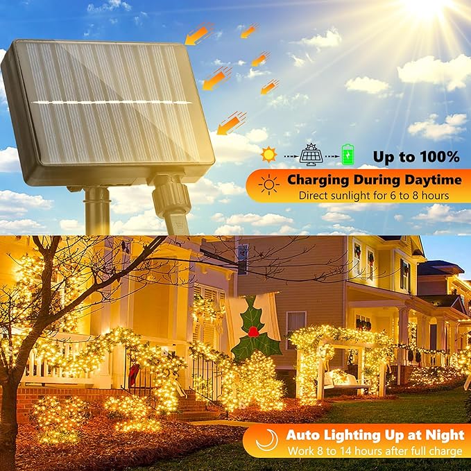 Joomer Solar String Lights Outdoor, 105FT 300 LED 8 Modes Outdoor String Lights Waterproof Fairy Tree Lights for Garden Yard Patio Christmas Decoration (Warm White)