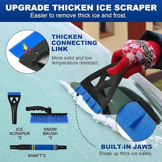 2Pack Ice Scrapers for Car Windshield, 2-in-1 Snow Scraper and Snow Brush for Car SUV Truck, Car Ice Windshield Scraper for Ice and Snow with 360° Pivoting Brush and Ergonomic Foam Grip Blue Orange