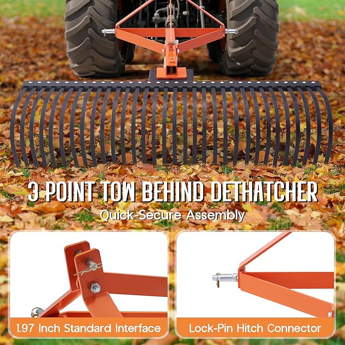 Specraft 3 Point Tow Behind Rake, 60" Adjustable Angle with 32 Steel Tines, Lawn Dethatcher Landscape Rake with Attachments for Field, Yard Cleanup