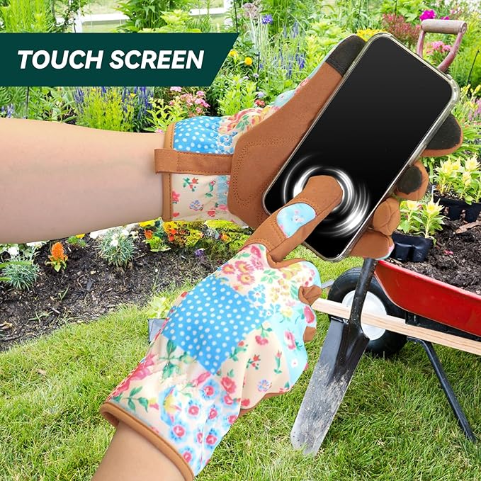 Gardening Gloves for Women, Printed Touchscreen Garden Gloves with Grip, Thorn-Proof Puncture-Resistant Work Gloves