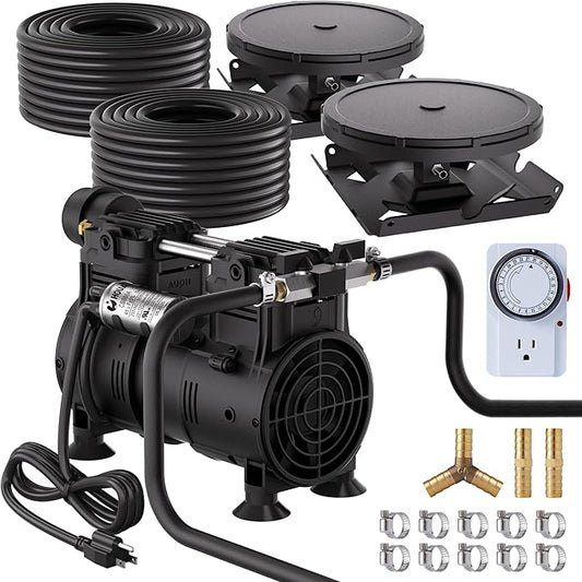 HQUA PAS20 Pond & Lake Aeration System for Up to 3 Acre, 3/4 HP Compressor + Two 100' Weighted Tubing + 2 Diffusers