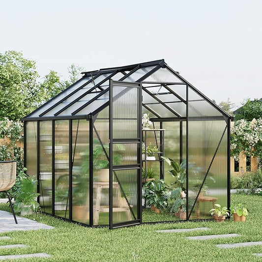 6x8FT Polycarbonate Greenhouse - Walk-in Outdoor Aluminum Frame Greenhouse with Roof Vent, Lockable Push Door for Garden, Backyard, Patio & Lawn(Black)