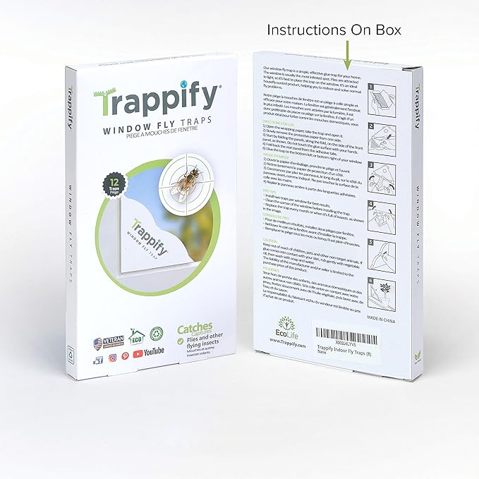 Trappify Fly Trap Indoor: Window Fly Traps for Home | Fruit Fly Traps for Indoors, Gnat Traps for House Indoor | Disposable Fly Trap with Sticky Adhesive Strips | Inside Bug Catchers (12 Pack)