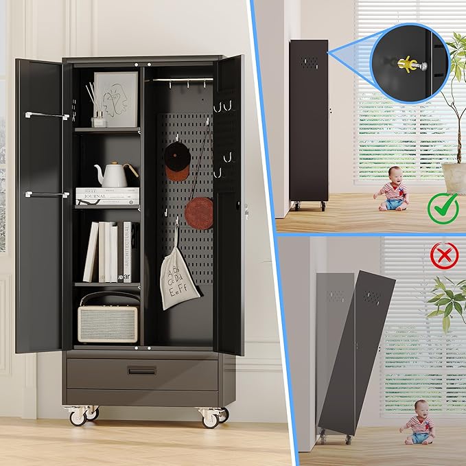 Broom Closet Storage Cabinet with Wheels and Drawer,Garage Storage Cabinet with Magnetic Doors,Pegboard and Adjustable Shelves for Garage Home Office,Required Assembly,Black