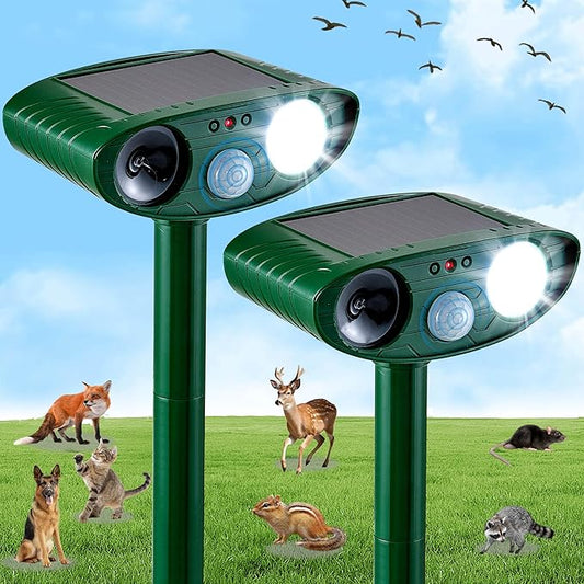 2 Pack Outdoor Solar Animal Repeller - Ultrasonic & Strobe Light, Deterrent for Cats, Dogs, Raccoons, Rabbits, Skunks, Foxes & More