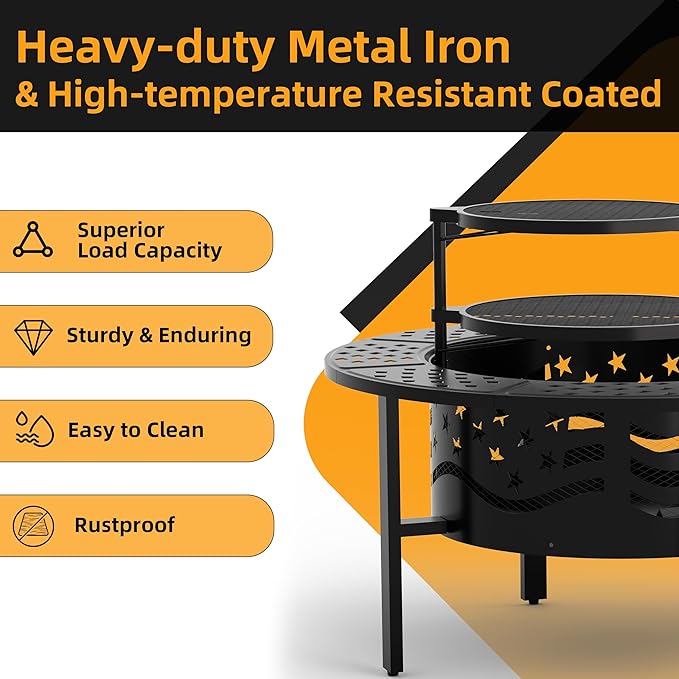 PrimeZone 42" Outdoor Fire Pit with 2 Grills - Wood Burning Firepit for Outside with Cover & Poker, Heavy Duty Metal Fire Pit Large Round Fireplace for Patio, Backyard, Picnic, Camping, Bonfire
