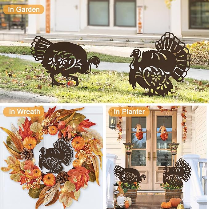 Set of 2 Metal Turkey Outdoor Decorations, Thanksgiving Decor Garden Stake,Fall Yard Porch Sign for Outside