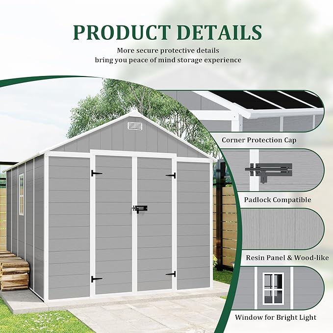 Outdoor Storage Shed 8x8 FT, Resin Shed with Floor & Window, Lockable Door, Vents, Outside Sheds & Garden Shed for Patio Furniture, Gardening Tools, Pool Equipment (Grey, 8 * 8ft)