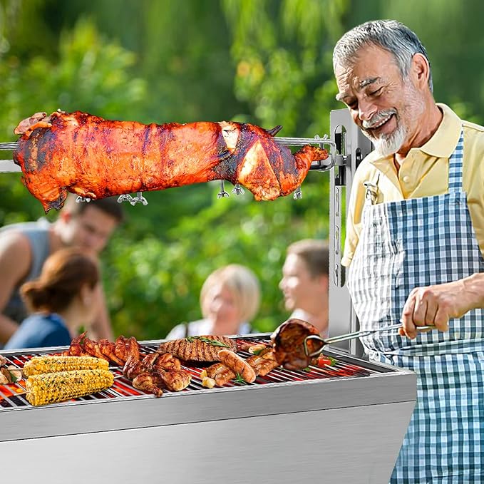 Rotisserie Grill Charcoal Spit Roaster, Stainless Steel 37" Pig Lamb Hooded Roaster Charcoal Spit With 25W Motor & Adjustable Height Lockable Casters For Party Barbecue,132 LBS Without Baffle