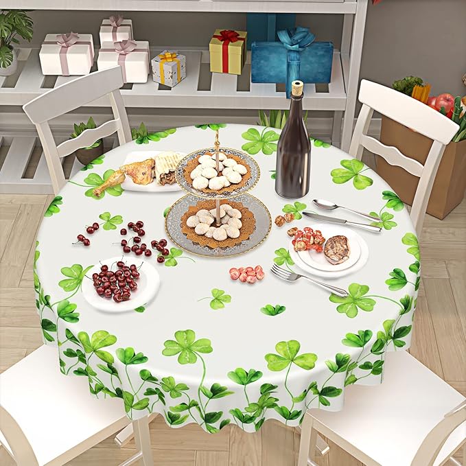 St. Patrick’s Day Round Tablecloth, Lucky Shamrock Table Cloth, Green and White Tablecloths, Four Leaf Clovers Waterproof Table Cover for Dinner Room Holiday Party Kitchen Decoration, 60 Inch