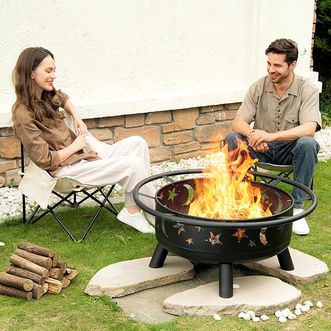 32 Inch Round Fire Pit with Mesh Cover, Fire Poker, Star and Moon Design, Metal Wood Burning Outdoor Firepit for Patio, Backyard, Garden, Bonfire Party,Perfect for Christmas, Thanksgiving, Halloween