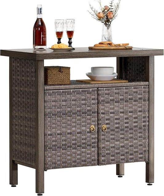Outdoor Storage Cabinet, Woven Rattan Bar Table with 2 Doors, Slatted-Top, Wicker Console Table for Patio, Garden, Backyard, Kitchen - Brown