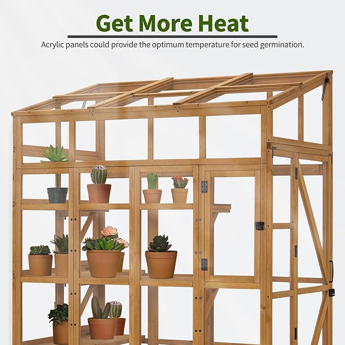 Macrout Wooden Walk-in Greenhouse with Acrylic Panels, Large Greenhouse for Outdoors with Openable Roof Vents with Lockable Door, G727