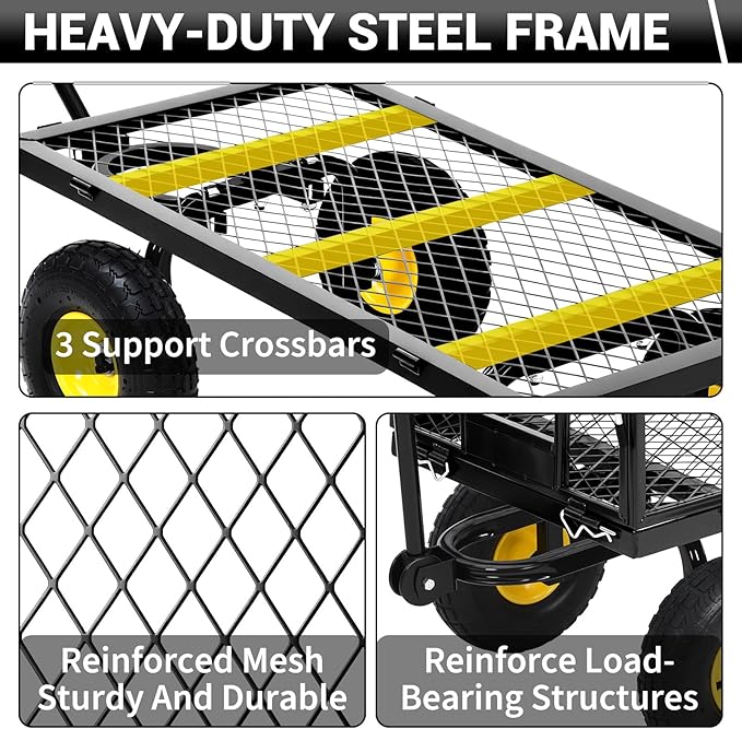 Heavy Duty Steel Garden Cart, 550 LBS 3 in 1 Pullable Metal Garden Wagon with 10" Wheels, 180° Rotating Handle and Removable Sides for Farm, Yard