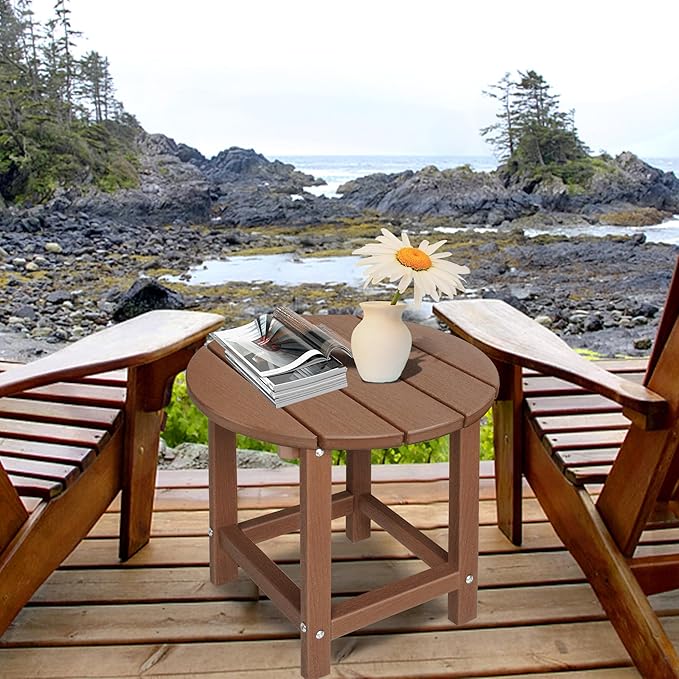 LZRS Round Adirondack Patio Side Table End Table, Outdoor Side Tables for Patio, Backyard,Pool, Indoor Companion, Easy Maintenance & Weather Resistant(Brown)