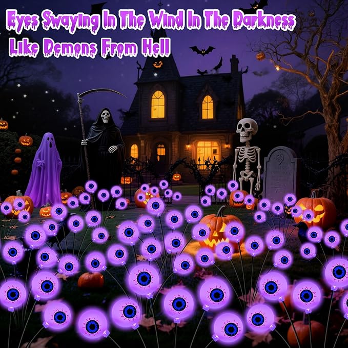 Purple Halloween Decorations Outdoor, 8 Pack 48 LED Solar Scary Eyeball Swaying Lights, Purple Solar Firefly Light Waterproof Outdoor Garden Lights for Halloween Yard Garden Lawn Party Flower Bed