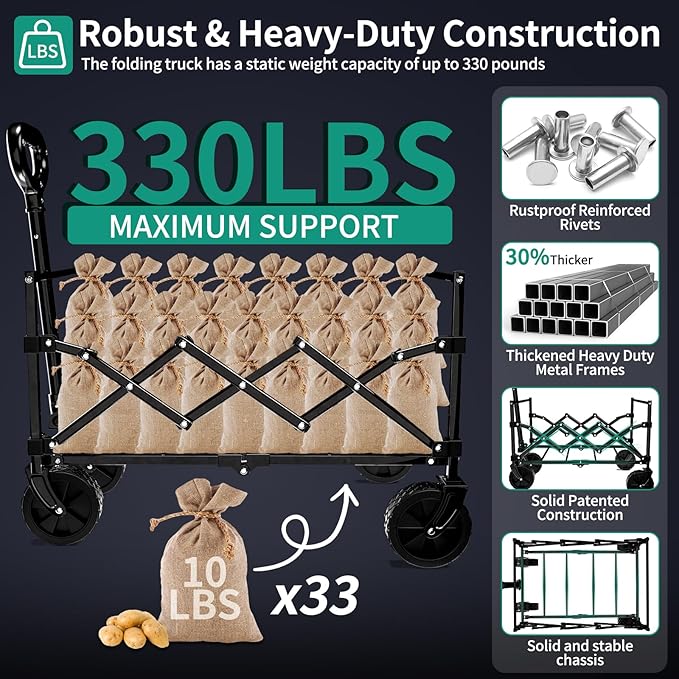 SUNNYFEEL 330lbs Wagons Carts Foldable,Heavy Duty Collapsible Folding Wagon Carts with Wheels,Lightweight Fold Up Wagon Cart for Outdoor Camping Shopping Sports Beach Garden Grocery