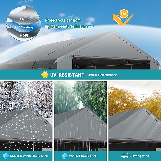 Carport, Heavy Duty Car Port 20x20 FT, Large Car Canopy with Roll-Up Windows & Side-Opening Door, Outdoor Portable Garage Reinforced Four-Hole Base for Car, Truck, Boat, Motorcycle