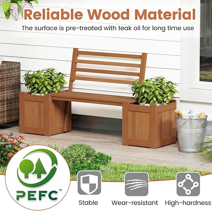 Giantex Set of 2 Outdoor Bench with Backrest, Wood Raised Garden Bed w/Open Base, Weather-Resistant Square Deep Planter Boxes for Flowers Fruit Vegetable, Bench Seat for Porch Yard Balcony Lawn