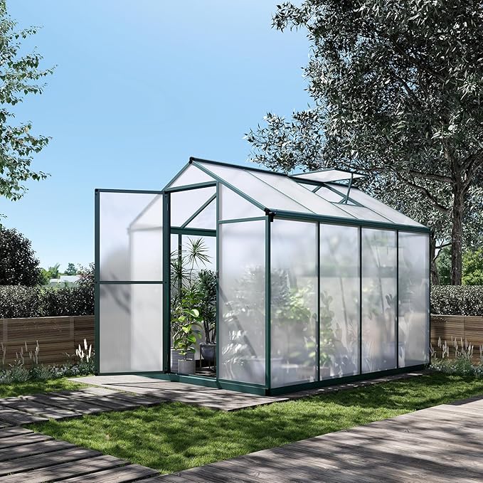 Garvee 6x8 FT Greenhouse for Outdoors, Polycarbonate Greenhouse with Quick Setup Structure and Roof Vent, Aluminum Large Walk-in, for Outside Garden Backyard, Green