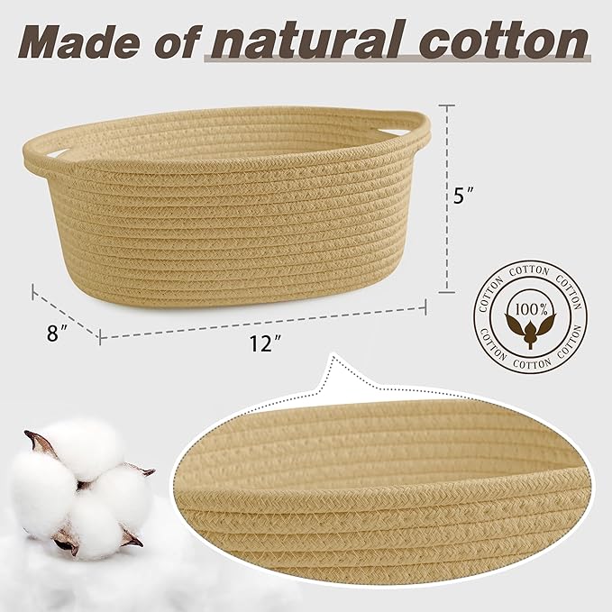 Pro Goleem Small Woven Basket with Gift Bags and Ribbons Durable Baskets for Gifts Empty Small Rope Basket for Storage 12"X 8" X 5" Baby Toy Basket with Handles, Khaki