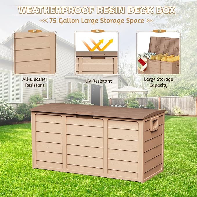 75 Gallon Outdoor Deck Box - Heavy Duty Resin Storage with Lockable Lid, UV Resistant for Patio Furniture Cushions, Pillows (Brown)