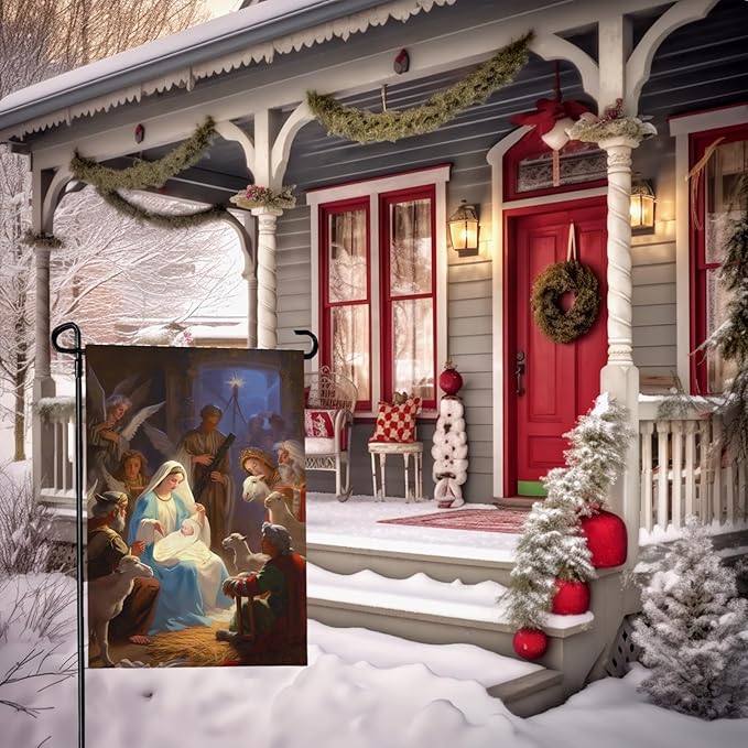 Nativity Garden Flags Religious Christmas Yard Flag Winter Catholic Jesus Garden Flag for Holy Night Outside Double Sided Home Yard Farm Xmas Decor Outdoor 12 x 18 In