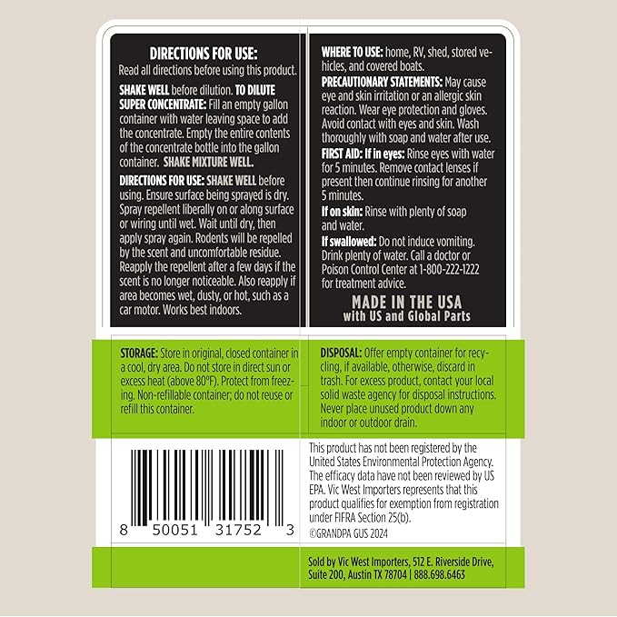 Grandpa Gus's Super Concentrate Rodent Repellent, 4 oz Makes 1 Gallon, Natural Peppermint Oil Spray, Humane Mice & Rats Control for Home & Garden, 4 oz