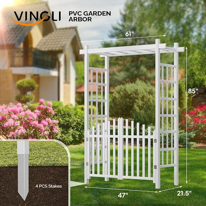 VINGLI Garden Arbor with Gate, PVC Wedding Arch for Ceremony Party, Garden Trellis for Climbing Plants Outdoor, Arch Backdrop Stand for Garden, Backyard, Lawn, Wedding